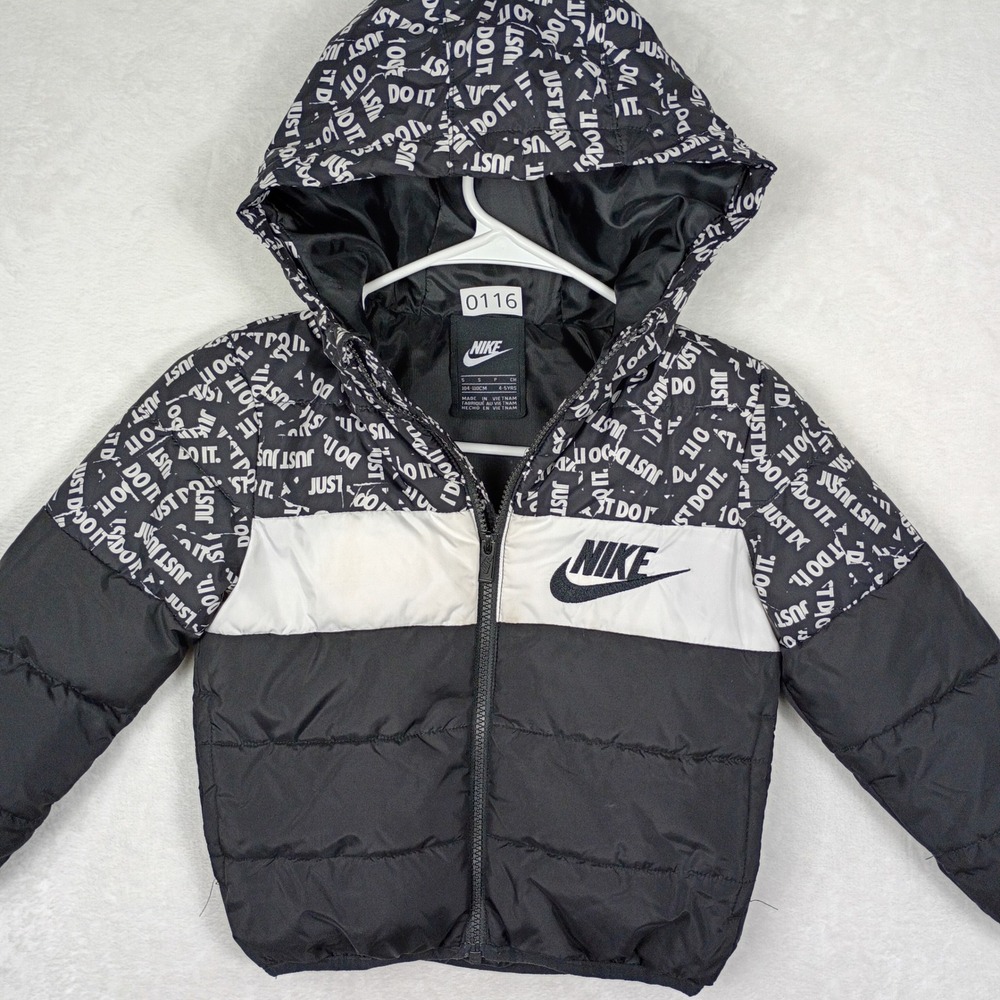 Nike Kids Just Do It Puffer Jacket Hooded Colorblock Black White Size 5 4-5YRS